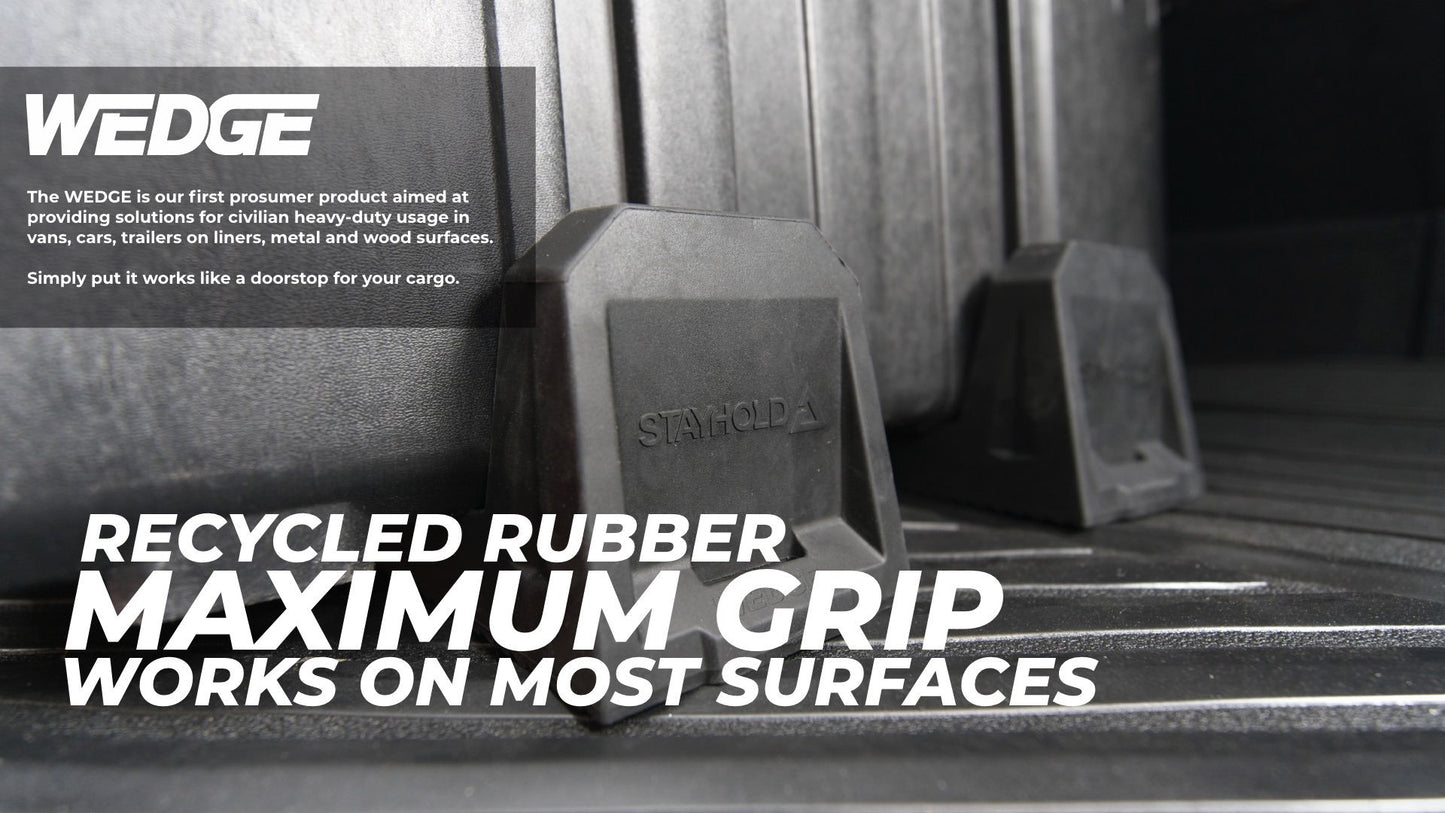 Stayhold CARGO WEDGE 2-PACK + TETHER. (Solid Rubber Cargo Chocks) made from recycler rubber