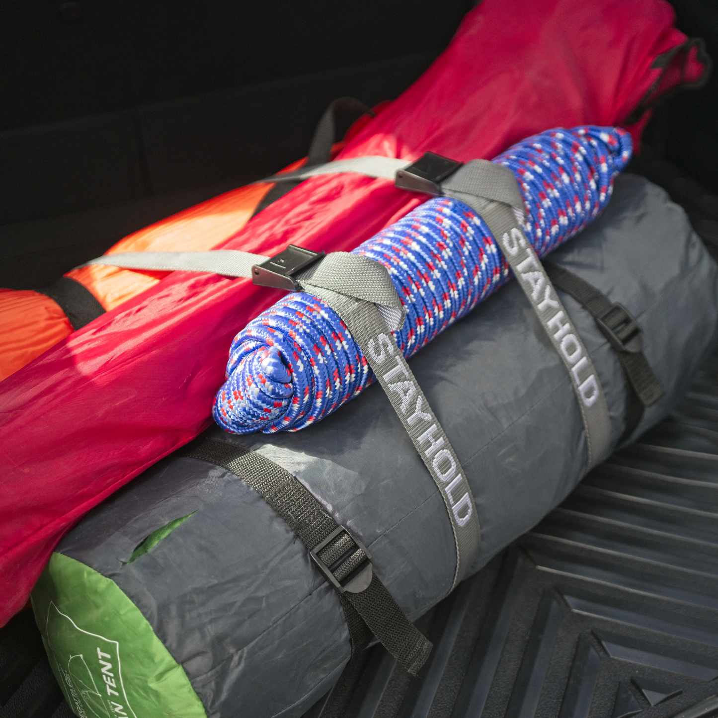 Stayhold Utility Strap XL packs x 2 holding camping gear