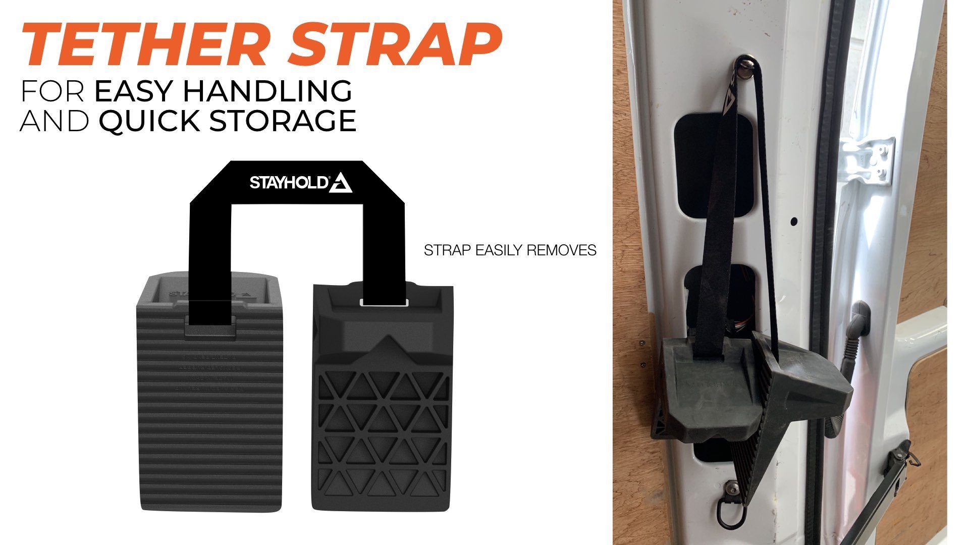 Stayhold CARGO WEDGE 2-PACK + TETHER. (Solid Rubber Cargo Chocks) hung up using tether strap